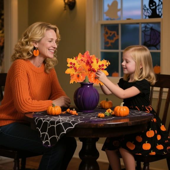 Artificial Maple Leaves Branches Pumpkin, Halloween Thanksgiving Simulation Maple Leaf Artificial Fall Color Maple Leaf Flower Arrangement Accessories Home Decoration, for Home Floral Arrangement