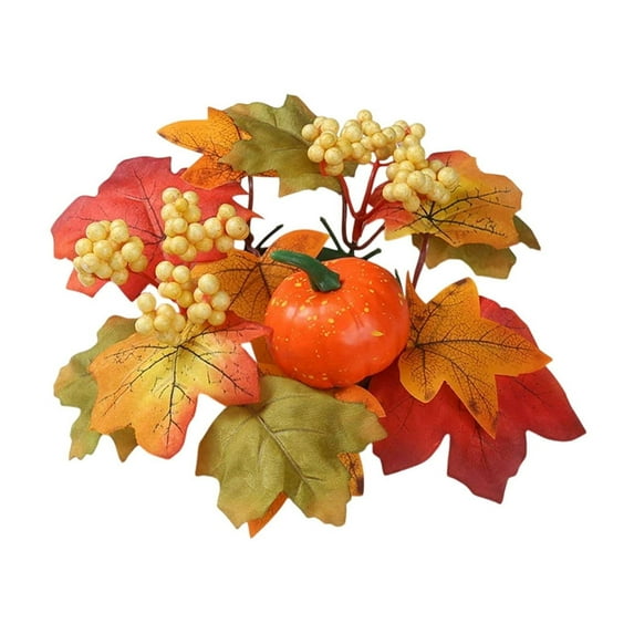 Artificial Maple Leaves Candle Rings with Berries Pumpkins, Fall Candle Holders Wreath Rings for Farmhouse Fall Thanksgiving Halloween Wedding Centerpiece Table Door Décor