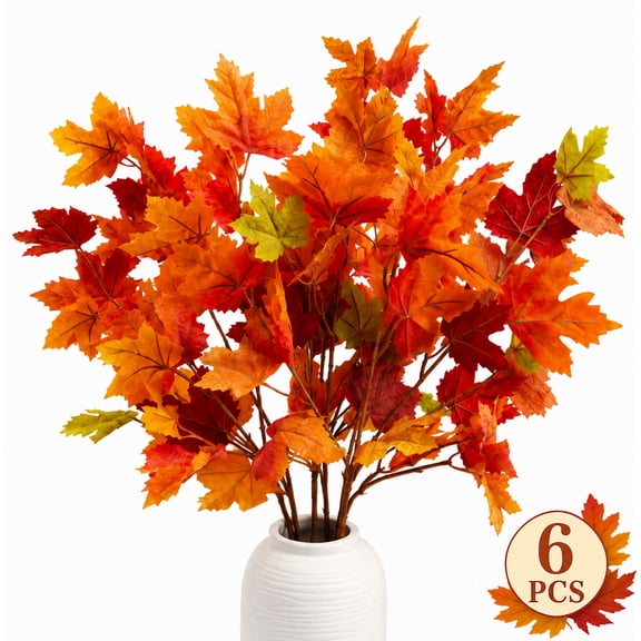 Artificial Maple Leaves Stems, Maple Leaf for Fall Vase Filler, Fall Leaves for Table Centerpiece, Thanksgiving Leaves Decor , 6 Pcs