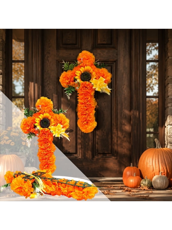 Artificial Marigold Cross Decoration, Maintenance‑Free Reusable Weather‑Ready Assembled Tribute Floral Ornament For Day Of The Dead Halloween Thanksgiving for Yard Doorway Memorial Decor Admirers