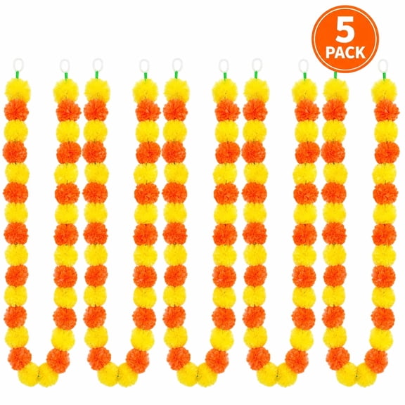Artificial Marigold Flower 5ft Marigold Garland Faux Garlands Indian Wedding Garland, Diwali ,Halloween Decor Garland, Day of The Dead Decor 5Pcs (Orange&Yellow)