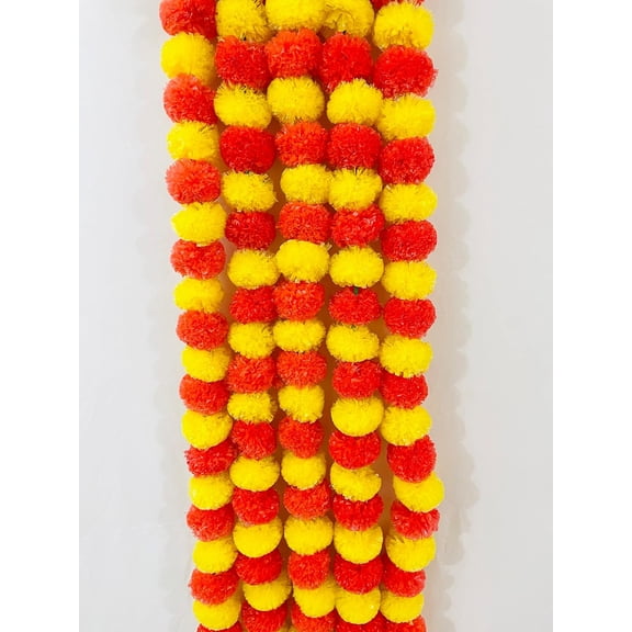 Artificial Marigold Flower Garlands, Fluffy Marigold Strings - Yellow & Dark Orange | For Diwali, Pooja, Wedding, Festival, Mandir, Door, Home Dcor - Reusable Trousseau Gift - 5 Pieces