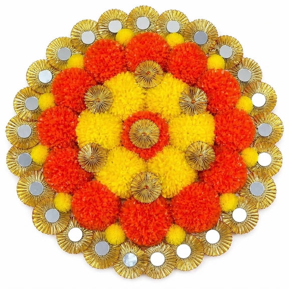 Artificial Marigold Flower Rangoli Mat Large Round Design Designer Floral Rangoli for Diwali Decoration Reusable Genda Phool Pooja Aasan for Home Entrance, Mandir & Festive Decor 15inch