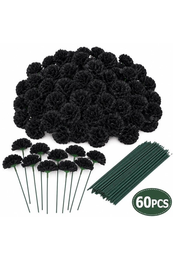 Artificial Marigold Flowers 60pcs Marigold Flower Heads with Stems Bulk for Indian Wedding,Diwali,Day of The Dead Wreath Garland Halloween Home Decor(Black)