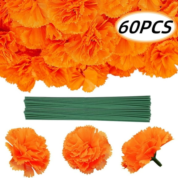 Artificial Marigold Flowers 60pcs Marigold Flower Heads with Stems Bulk for Indian Wedding,Diwali,Day of The Dead Halloween  Decor(Orange)