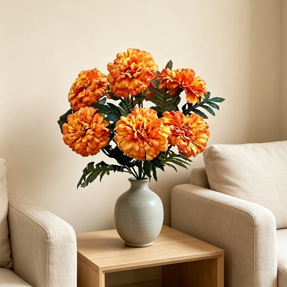 Artificial Marigold Flowers, 7 Head Faux Chrysanthemum Stems Rows of Rounded Petals Single Branch Multi Bloom, Low Maintenance Floral Bouquet for Home Table Vase Shelf Displays