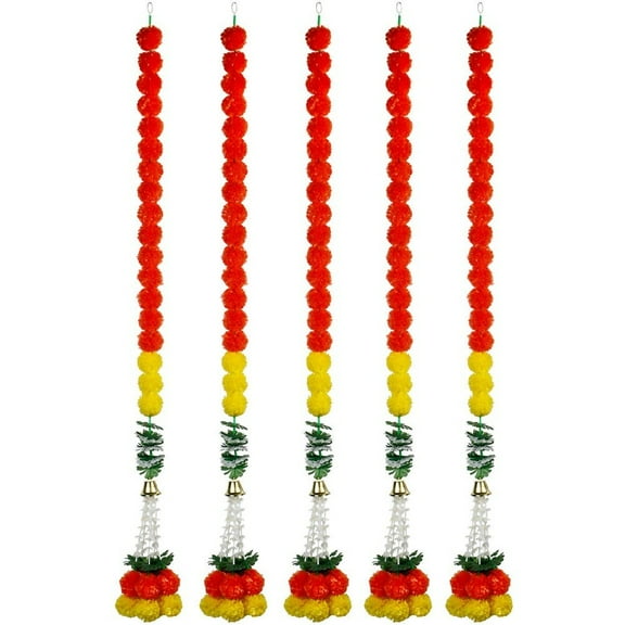 Artificial Marigold Flowers Garland with Bell, 5 Pcs Bandhanwar Flower Garland String for Indian Home Halloween Party Door Hanging Diwali Decorations