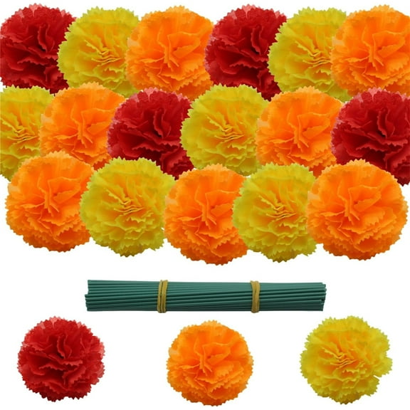 Artificial Marigold Flowers Head,Tutuviw 50 Pcs Silk Flowers,Marigolds Faux Flowers DIY Marigold Garland for Diwali Decorations,DIY Garland Dia De Los Muertos Decor for Festival Backdrop (Mix Colors)
