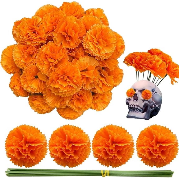 Artificial Marigold Flowers with Stems, 50 Pcs Silk Flowers Orange Marigolds for Day of The Dead Decor, Dia de Los Muertos, Diwali Decor, Ofrenda Decor, DIY Marigold Garland (60, Orange)