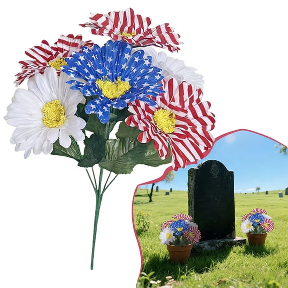 Artificial Memorial Day Flowers for Cemetery, UV Resistant Patriotic Cemetery Flowers, Red White Blue for Veterans Outdoor Indoor 250th Anniversary, Style F