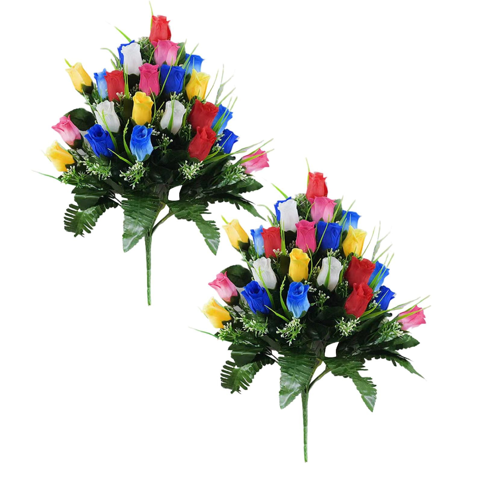 Artificial Memorial Flowers for Cemetery - 19" Silk Rose Bouquet Grave Decor - Weather-Resistant Floral Arrangement for Headstones, Graveyards & Outdoor Memorials (Set of 2)