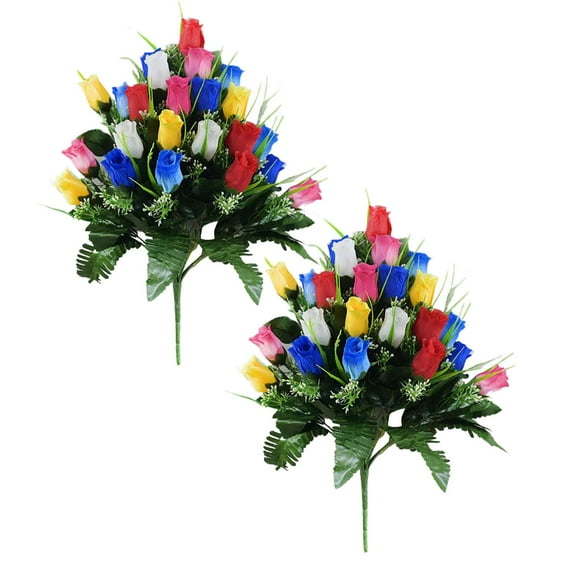 Artificial Memorial Flowers for Cemetery - 19" Silk Rose Bouquet Grave Decor - Weather-Resistant Floral Arrangement for Headstones, Graveyards & Outdoor Memorials (Set of 2)