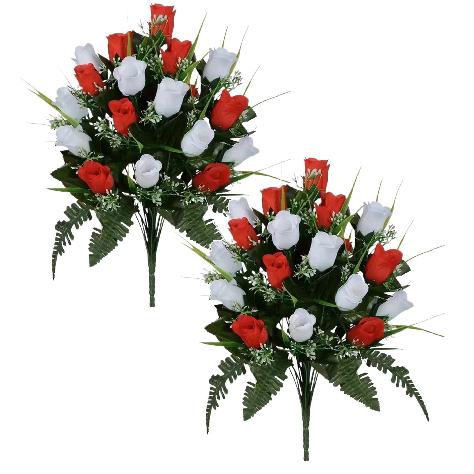 Artificial Memorial Flowers for Cemetery - 19" Silk Rose Bouquet Grave Decor - Weather-Resistant Floral Arrangement for Headstones, Graveyards & Outdoor Memorials (Set of 2)