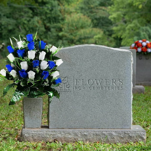 Artificial Memorial Flowers for Cemetery - 19" Silk Rose Bouquet Grave Decor - Weather-Resistant Floral Arrangement for Headstones, Graveyards & Outdoor Memorials