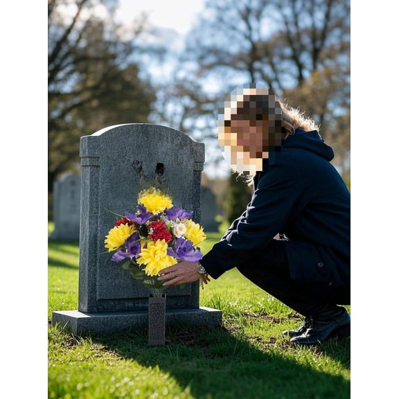 Artificial Memorial Flowers for Cemetery: 2 Pcs Cemetery Flowers for Grave Decorations - Realistic Yellow Mums Purple Iris Bouquets with Vases for Gravisite Outdoor$$Home Decor, Kitchen, & Other