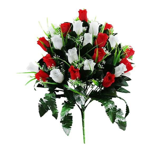 Artificial Memorial Flowers for Cemetery - Silk Rose Bouquet Grave Decor - Weather-Resistant Floral Arrangement for Headstones, Graveyards & Outdoor Memorials, 1Pcs (Red White)
