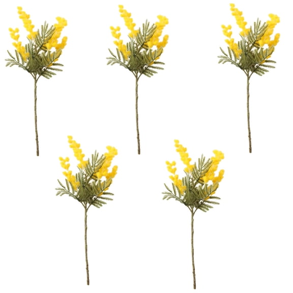 Artificial Mimosa Silk Flower Branches, 5-Pack Yellow and White Faux Flowers for Home Wedding Decor, 38cm Realistic Plastic Flora