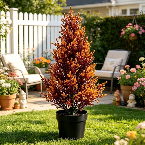 Artificial Mini Brown Spruce Tree with Ground Stake, Faux Small Potted Christmas Decoration, Realistic Evergreen Tree for Indoor Outdoor Winter Holiday Porch Display Garden