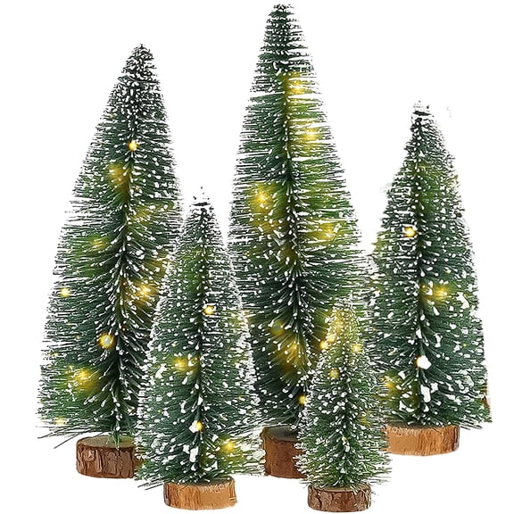 Artificial Mini Christmas Tree with Led Light, 5PCS Small Pine Tree with Wooden Bases Tabletop Decor for Xmas Holiday Party Home Decor Winter Crafts Ornaments