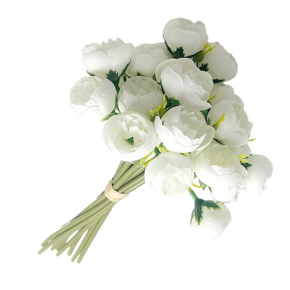 Artificial Mini Peony Bouquet, 11.4 In Silk Small Rose Bud Flower Bundle, Faux Tea Rose Floral Arrangement for Wedding Table Centerpiece Farmhouse Bedroom Vase Home Decor,27PCS,White