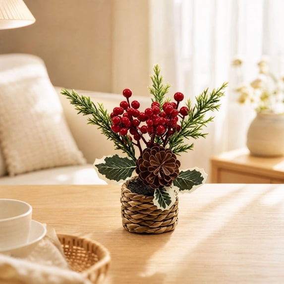 Artificial Mini Potted Poinsettia Arrangement Christmas Tabletop Plant Decor Holiday Home Accent Design C