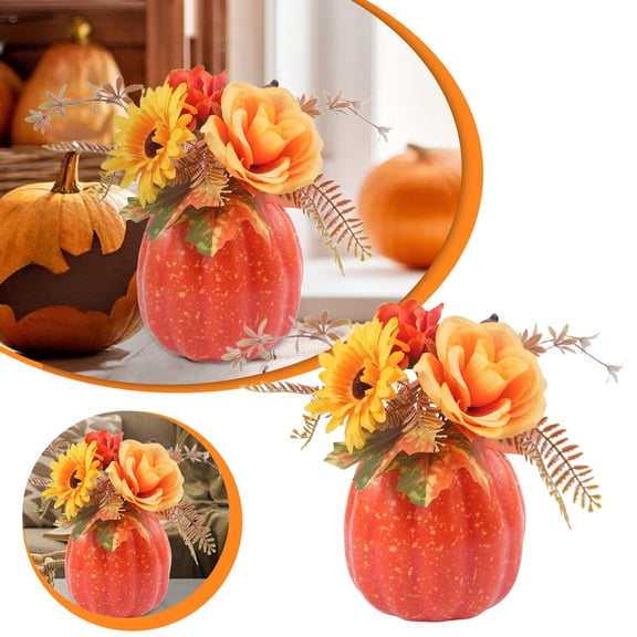 Artificial Mini Pumpkin Set with Flowers and Maple Leaves, Fall Centerpiece Decor for Halloween Thanksgiving, Outdoor Indoor Table Decorations, Autumn Harvest Festival Home and Desk Decor