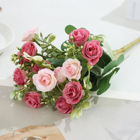 Artificial Mini Rose Bouquet Set, 15-Head Faux Rose Flowers for Romantic Table Decoration Home Arrangement Valentine’s Day Floral Decor 2 Bundles