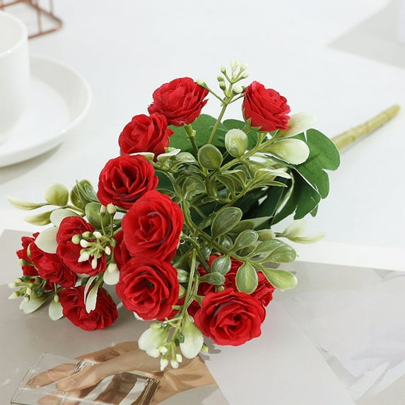 Artificial Mini Rose Bouquet Set, 15-Head Faux Rose Flowers for Romantic Table Decoration Home Arrangement Valentine’s Day Floral Decor 2 Bundles