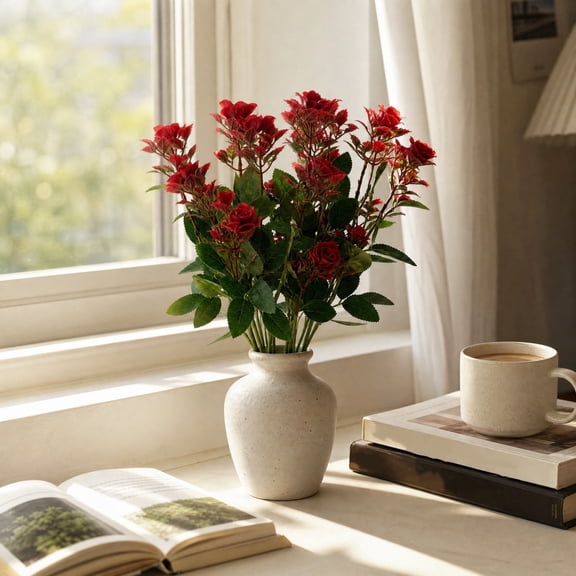 Artificial Mini Rose Bush 37cm, Realistic Red Silk Roses for Wedding Floral, Faux Rose Bouquet for Living Room Table, Artificial Roses for Wedding Centerpiece Home Decor