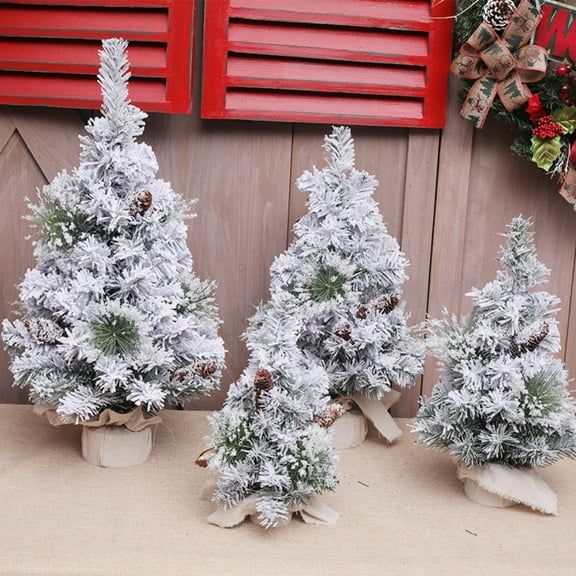 Artificial Mini Snowy White Christmas Tree, Small Table Top Snow Flocked Christmas Tree with Lights Pine Cones and Cloth Bag Base for Xmas Indoor Desk Tabletop Decoration
