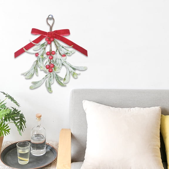 Artificial Mistletoe Picks Decor with Red Velvet Bow - Spring Hanging Bunch Ornament for Door Wall Mantel Holiday