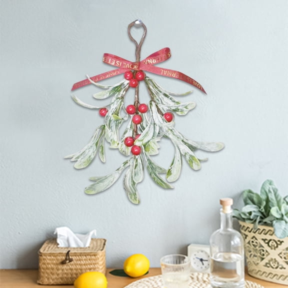 Artificial Mistletoe Picks Decor with Red Velvet Bow - Spring Hanging Bunch Ornament for Door Wall Mantel Holiday