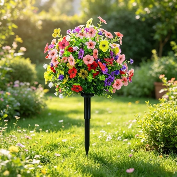 Artificial Mixed Color Flower Bush with Ground Stake, UV Resistant Faux Blooming Flowers for Outdoor Garden Patio Lawn Decor, Low Maintenance Spring Summer Decoration ​   1PC