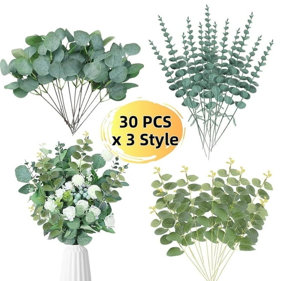 Artificial Mixed Eucalyptus Leaf Stem Greenery Sprays Plants 3 Kind 90 Pcs - Wedding Vase Bouquet Flower Flores Para Decoration (Green)