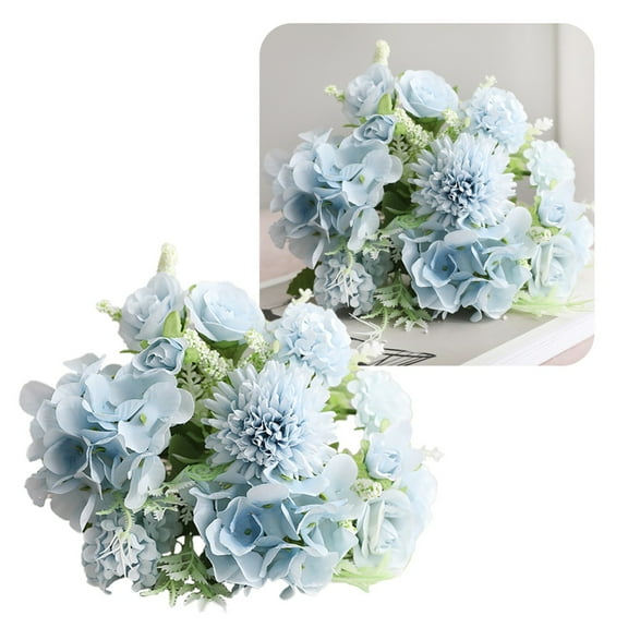 Artificial Mixed Flower Bouquets,Pastel Silk Flowers with Roses Hydrangeas & Chrysanthemums, Fake Floral Arrangements for Wedding Centerpieces & Home Decor(Blue)