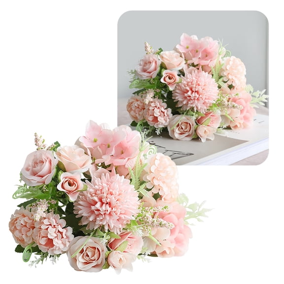 Artificial Mixed Flower Bouquets,Pastel Silk Flowers with Roses Hydrangeas & Chrysanthemums, Fake Floral Arrangements for Wedding Centerpieces & Home Decor(Pink)