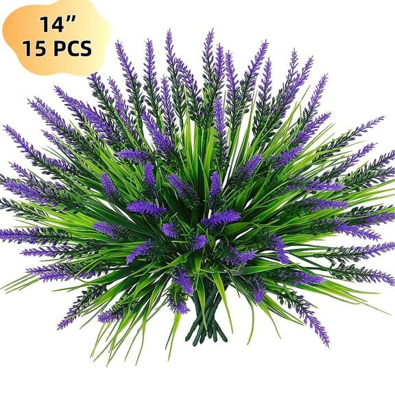 Artificial Lavender Flowers 15 Bundles, UV Resistant Fake Flowers - Spring Summer Home Wedding Garden Patio Porch Window Indoor Outdoor Decor