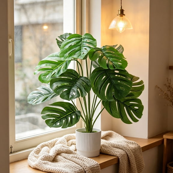 Artificial Monstera Deliciosa Bonsai, Indoor Desktop Ornament for Home Office Décor, Realistic Split Leaves, Plastic Pot Included, Low Maintenance Greenery