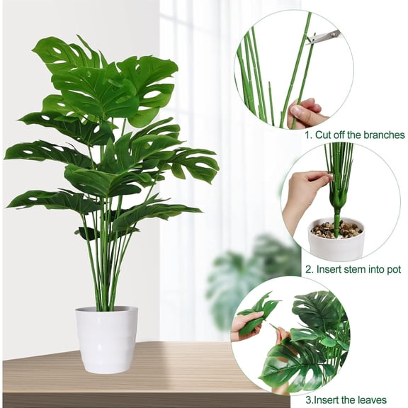 Artificial Monstera Deliciosa Plants in Pots, Fake Tropical Palm Tree with Greenery Leaves Stems, 28 Inch Artificial Cheese Plant for Home Bathroom, Office, Windowsill Decor