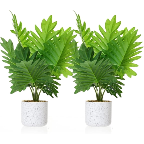 Artificial Monstera Plant 18 Inch in White Marble-Look Pot 2 Pack