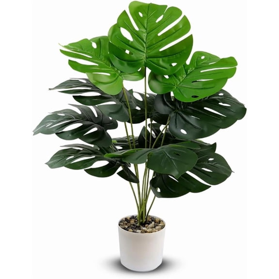 Artificial Monstera Plant, 23.62 Inches Tall with 12 Leaves, Green Silk Fabric, White Pot with Decorative Stones, Adjustable Branches for Living Room Decor