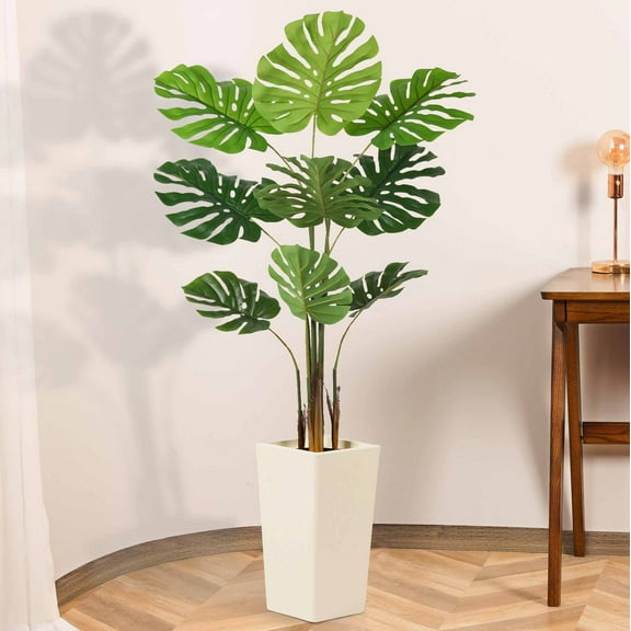 Artificial Monstera Plant 5 FT, Faux Monstera Tree in White Taper Planter with River Rock, Tall Fake Trees with Adjustable Branches for Indoor Home Decor, Office, Pet-Friendly Spaces