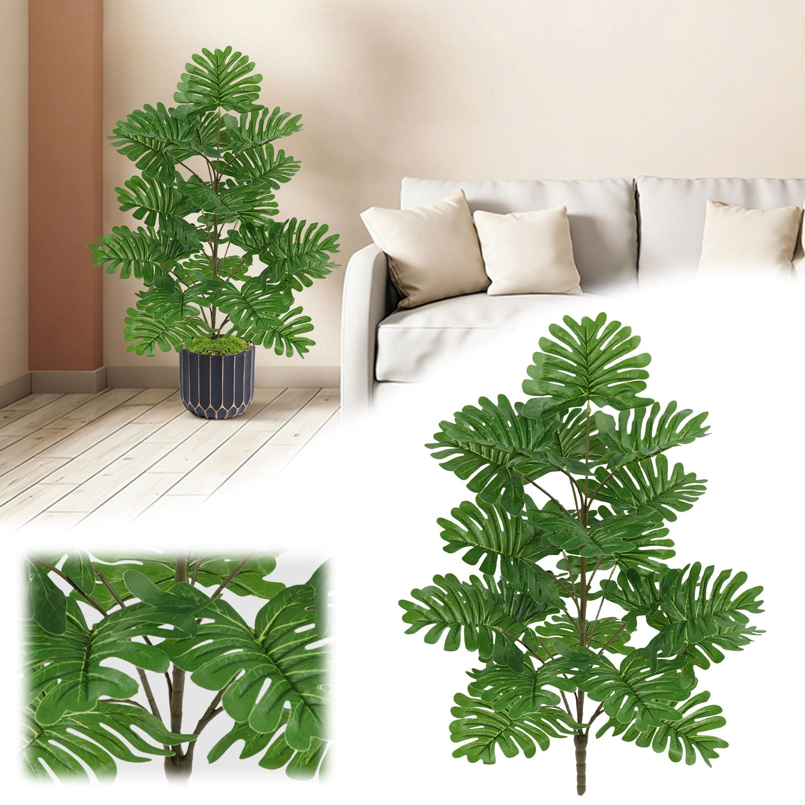 Artificial Monstera Plant, Faux Large Split Leaf Tropical Houseplant Realistic No Maintenance for Indoor Living Room Outdoor Patio Home Decor Simulation Green Plant 25.6 Inch 1Pcs