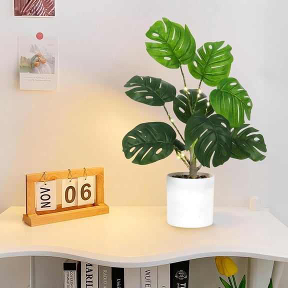 Artificial Monstera Plant Potted Tropical Palm Tree in White Pot Faux Greenery for Indoor Home Office Table Living Room Balcony Porch Outdoor Decor