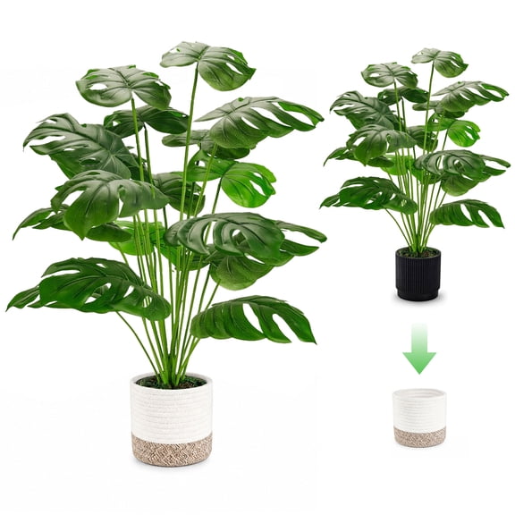 Miracliy 1 Set Artificial Monstera Deliciosa Plant with Woven Basket, Faux Potted Tropical Greenery for Indoor Home Decor