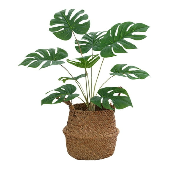 Artificial Monstera Plant with Tree Trunk, 9-Head Realistic Faux Plant, 1 Woven Flower Basket, No Maintenance Fake Green Plants for Home Office Indoor Decor, Easy Assembly