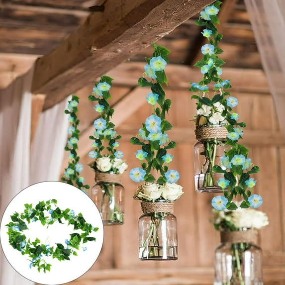 Artificial Morning Glory Blue, Artificial Vine Morning Glory Faux Flowers Carnations Artificial Fall Hanging Flowers for Outdoors Bouquet Decor the Are Made of Cloth (1 Artificial Morning Glory Strip)