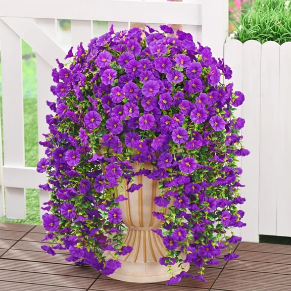 XEAZON Artificial Morning Glory Flowers, 2PCS Outdoor Artificial Hanging Flowers Decoration, UV Resistant Faux Morning Glory Flower for Wedding Porch Patio Garden Aisle Party Decoration (Purple)