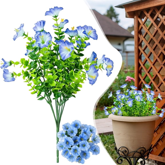 Artificial Morning Glory Flowers, UV Resistant Faux Morning Glory Bushes, Fake Plastic Plants for Outdoor Garden, Porch, Window Box & Home Decor(Blue)