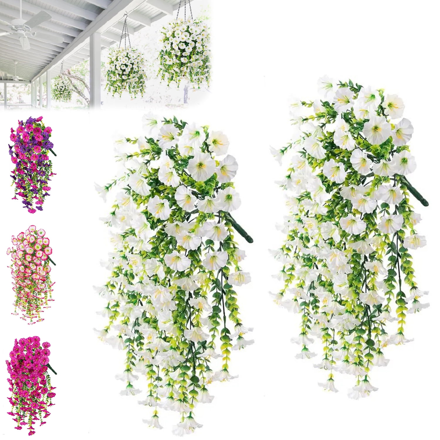 Artificial Morning Glory Hanging Vines,UV-Proof Faux Silk Flowers for Outdoor Patios, Gardens, Weddings and Indoor Decor (2 Bunches White)